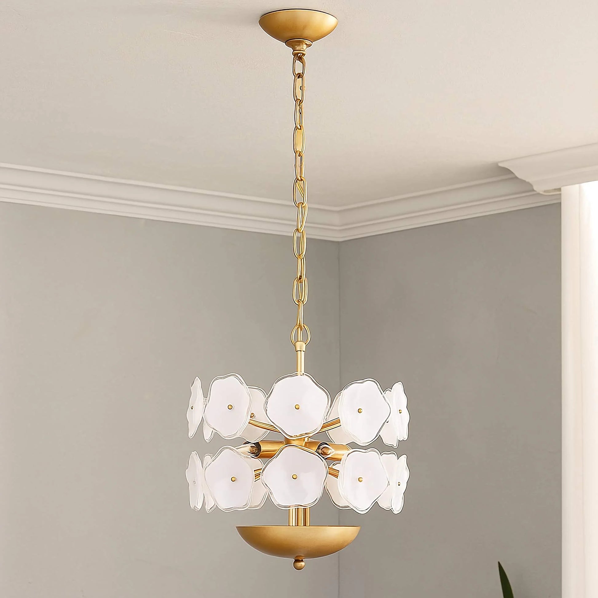 Modern Light Luxury White Flower Glass Copper Pendant LIght