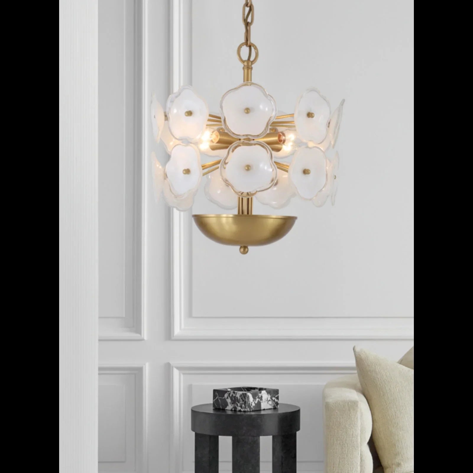 Modern Light Luxury White Flower Glass Copper Pendant LIght